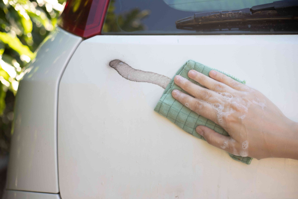 Microvezeldoek opnieuw aangebracht met zeepsop om grijs te vegen spuitverf op achterkant witte auto